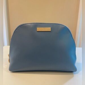 Salvatore Ferragamo Blue Cosmetic Bag Case Gold Logo Hardware Vegan Leather